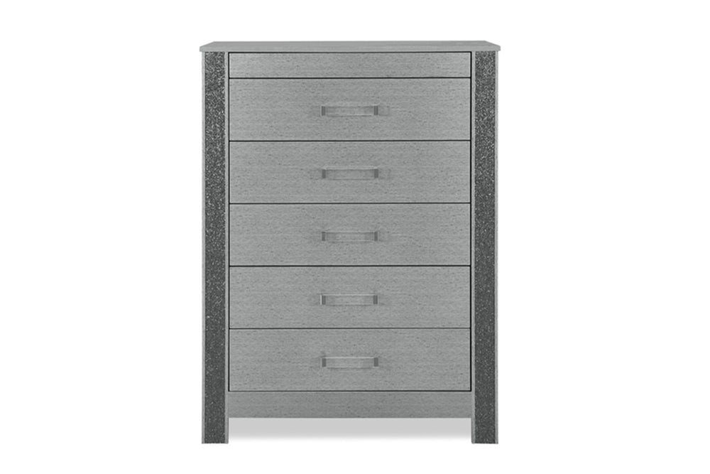 Chest gris texturizada con cinco cajones sobre fondo blanco