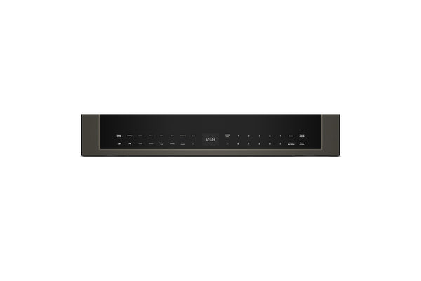 Panel de control táctil negro para horno con pantalla digital central, botones de funciones de cocción y teclado numérico iluminado, integrado en un acabado de acero inoxidable.