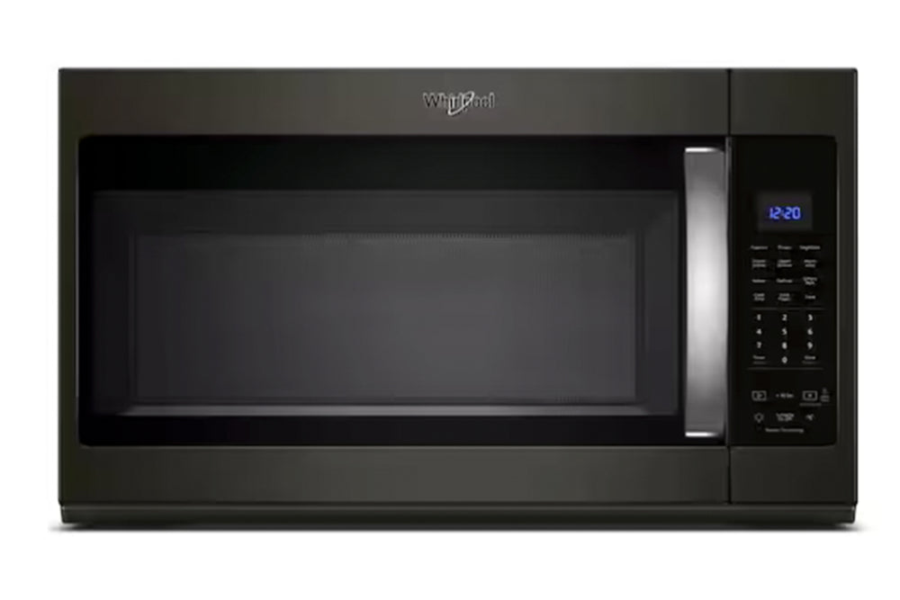 Microondas Whirlpool de encimera en acabado negro con puerta de vidrio, manija vertical y panel de control digital lateral. Ideal para calentar, cocinar y descongelar alimentos de forma rápida y eficiente.