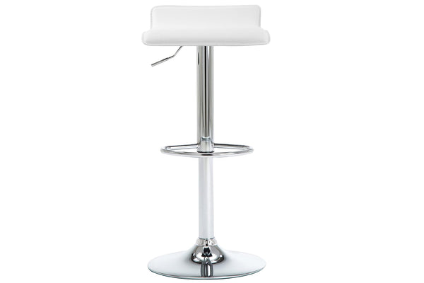 Taburete de color blanco con base metálica con ajuste de altura y reposapiés sobre un fondo blanco. 