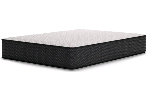 Mattress blanco con bordes negros sobre un fondo blanco. 