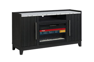 Mesa de entretenimiento negro con chimenea eléctrica integrada sobre fondo blanco.