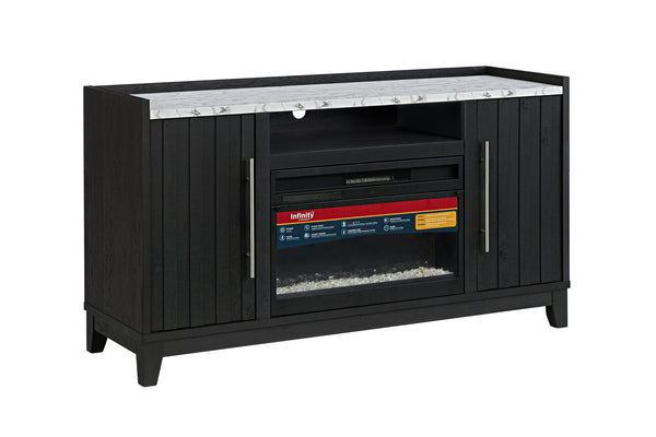 Mesa de entretenimiento negro con chimenea eléctrica integrada sobre fondo blanco.