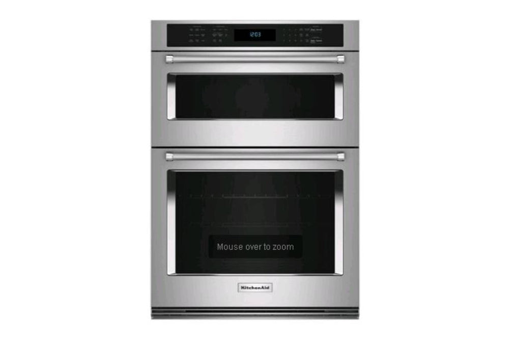 Un horno doble empotrado de acero inoxidable con puertas de cristal negro y un panel de control digital en la parte superior, mostrado sobre un fondo blanco liso.