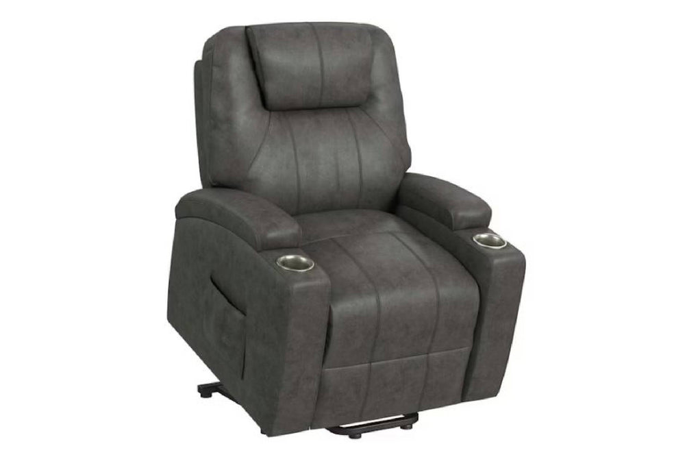 Sillón reclinable individual en gris oscuro con respaldo alto acolchado, asiento amplio y apoyabrazos con portavasos integrados. Diseño ergonómico pensado para confort, relajación y entretenimiento en el hogar.