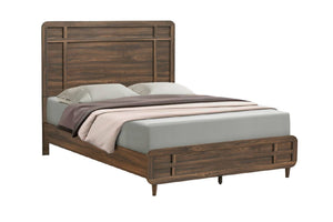 Cama hecha de madera marrón oscuro con acolchado gris sobre un fondo blanco. 