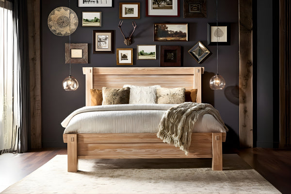 Cama hecha de madera en una habitación con adornos.  