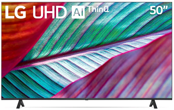 Televisor LG UHD de 50 pulgadas con tecnología ThinQ AI sobre un fondo abstracto colorido