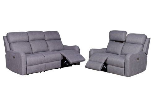 Sofá y loveseat reclinable eléctrico de color gris sobre un fondo blanco. 