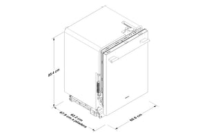 Un dibujo lineal en blanco y negro que muestra las dimensiones de un lavavajillas empotrado, con medidas en centímetros y pulgadas.