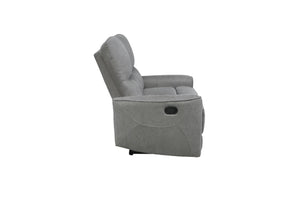Vista lateral de loveseat reclinable de color gris sobre un fondo blanco. 