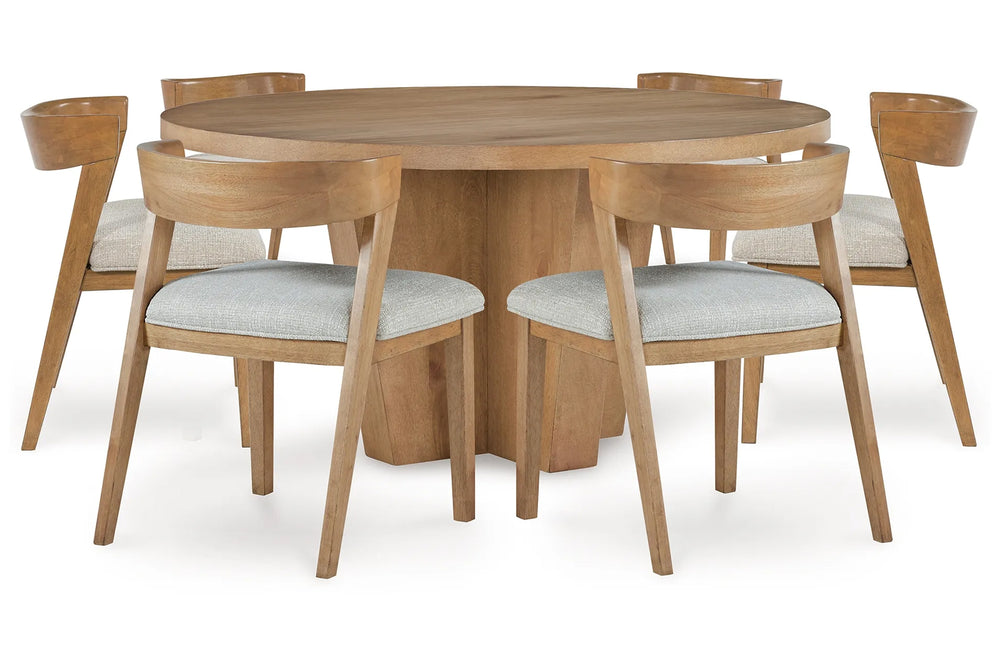 Una mesa de comedor redonda de madera con una base de pedestal robusta, rodeada por seis sillas de madera a juego con asientos tapizados en gris claro.