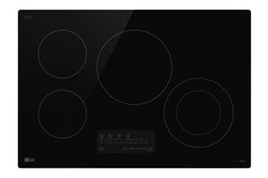 Tope de estufa negra de marca LG sobre un fondo blanco. 