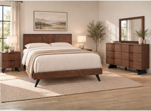 Juego de dormitorio estilo moderno con cama de madera marrón oscura, mesas de noche a juego, gavetero con espejo y una alfombra beige con textura sobre piso de madera clara.