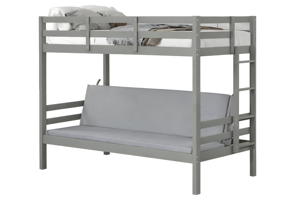 Litera de metal gris con mattress sobre fondo blanco.