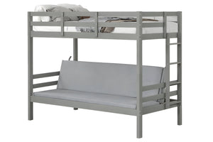 Litera de metal gris con mattress sobre fondo blanco.