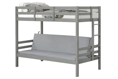 Litera de metal gris con mattress sobre fondo blanco.