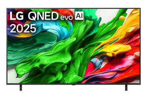 Televisor LG QNED evo AI 2025 con diseño abstracto colorido en pantalla.