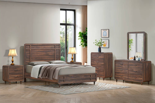 Conjunto de habitación de madera color marrón de una cama, una mesa de noche, un gavetero con espejo y un chest en un entorno de habitación moderno. 