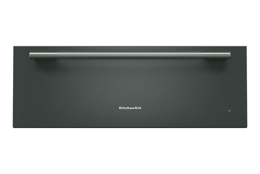 Cajón calentador KitchenAid de 30 pulgadas en color verde con acabado mate, frente liso, tirador tubular horizontal de acero inoxidable y logotipo centrado, presentado sobre fondo blanco.