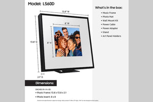 Marco de fotos digital con dimensiones y contenido de la caja enumerados sobre un fondo gris