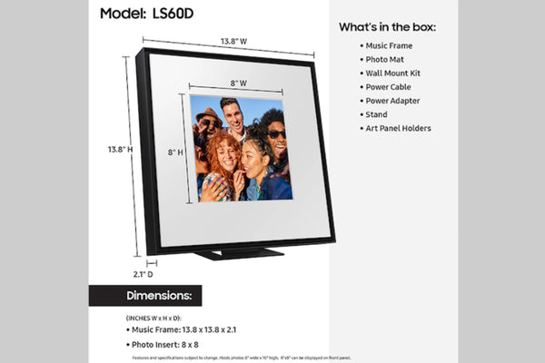 Marco de fotos digital con dimensiones y contenido de la caja enumerados sobre un fondo gris