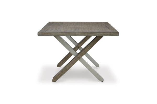 Mesa rectangular con tablero de madera y patas de metal sobre fondo blanco.