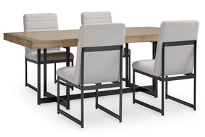 Juego de mesa de comedor con cuatro sillas sobre fondo blanco.