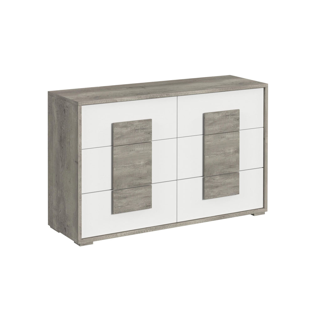 Gavetero con espejo blanco y gris claro con seis gavetas sobre un fondo blanco. 