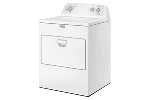 Una secadora de ropa de carga superior blanca con una puerta montada en el frente, un panel de control en la parte superior y un pequeño logotipo azul en la parte superior izquierda, mostrada sobre un fondo blanco liso.