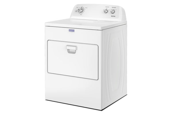 Una secadora de ropa de carga superior blanca con una puerta montada en el frente, un panel de control en la parte superior y un pequeño logotipo azul en la parte superior izquierda, mostrada sobre un fondo blanco liso.