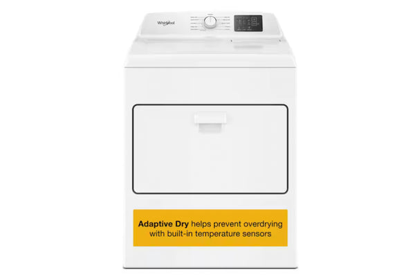 Secadora de gas Whirlpool de carga frontal en color blanco con panel de control digital superior y perilla central. La imagen incluye un recuadro amarillo con el texto “Adaptive Dry helps prevent overdrying with built-in temperature sensors”, destacando la función de sensores de temperatura integrados para evitar el sobresecado de la ropa.