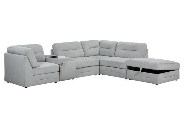 Sofá modular gris con cajones de almacenamiento sobre fondo blanco.