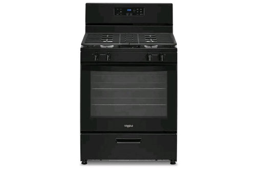 Estufa de gas Whirlpool de color negro sobre fondo blanco.