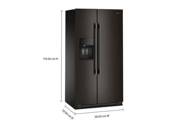 Una nevera de acero inoxidable de dos puertas con dispensador de agua y hielo en la puerta izquierda, mostrado con líneas de dimensión que indican 175,50 cm de altura, 90.