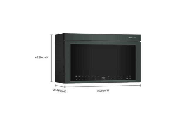 Horno microondas mostrado en una vista de perfil lateral con etiquetas de dimensiones que indican 45,39 cm de altura, 32.