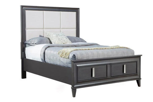 Side view of gray upholstered bed with footboard storage on a white background. 