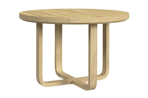 Mesa redonda de color crema sobre un fondo blanco. 