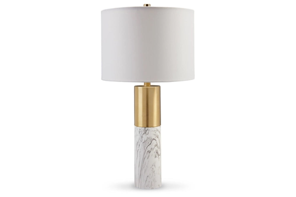 Lámpara de mesa con base de mármol y detalle dorado sobre fondo blanco.