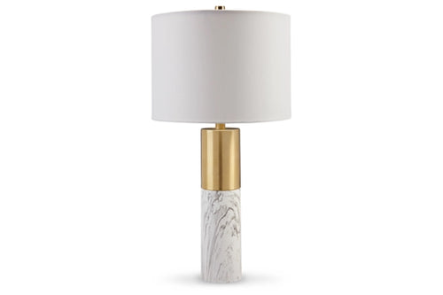 Lámpara de mesa con base de mármol y detalle dorado sobre fondo blanco.