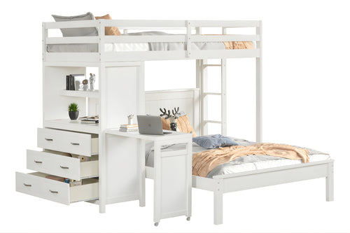 Litera blanca con escritorio y gavetero con elementos decorativos sobre un fondo blanco. 