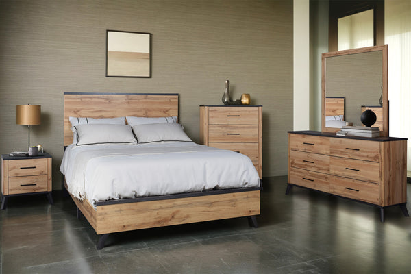 Conjunto de muebles de dormitorio de madera que incluye cama, mesitas de noche y gavetero con espejo.