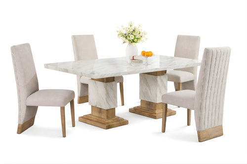 Conjunto de mesa de comedor con tope de mármol y patas de madera, rodeado de cuatro sillas sobre fondo blanco.
