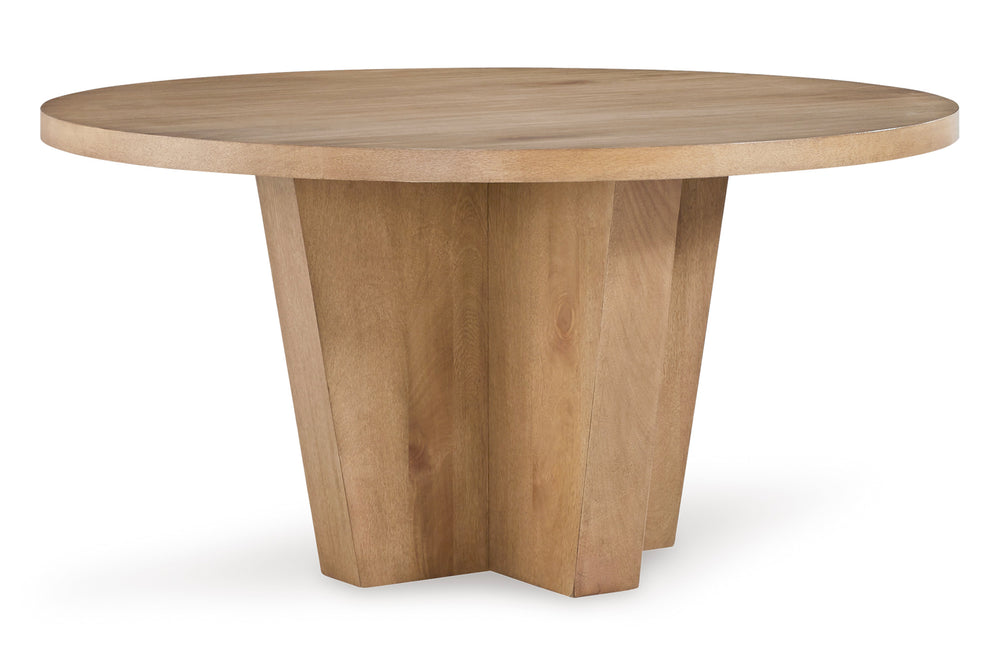Mesa de comedor redonda de madera con acabado en roble natural, que presenta un tablero redondo y grueso y una base de pedestal escultórica de varios niveles; se muestra sobre un fondo blanco.