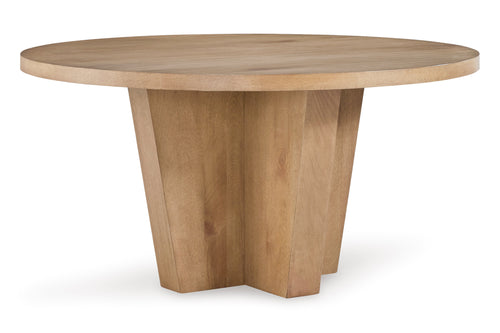 Mesa de comedor redonda de madera con acabado en roble natural, que presenta un tablero redondo y grueso y una base de pedestal escultórica de varios niveles; se muestra sobre un fondo blanco.