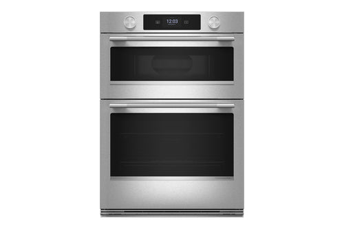 Un horno doble empotrado de acero inoxidable con dos puertas de cristal negro, un panel de control digital superior con dos perillas y manijas horizontales, mostrado sobre un fondo blanco liso.