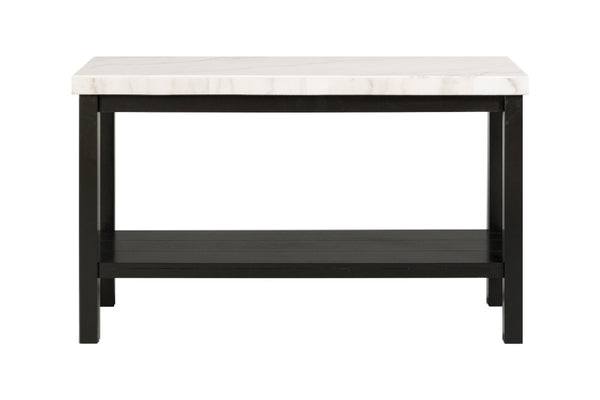Mesa de sofá con tope de patrón de mármol con base de madera negra en un fondo blanco. 