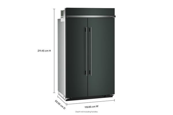Una nevera de dos puertas que se muestra en una representación limpia del producto sobre un fondo blanco, con etiquetas de dimensiones que indican 211,45 cm de altura, 65.