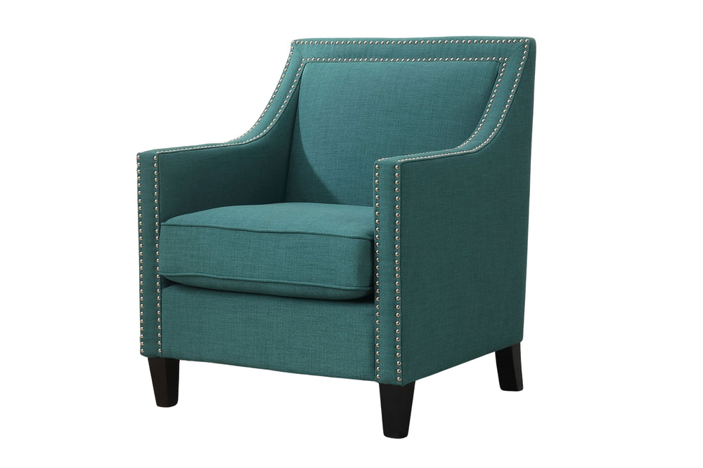 Silla de acento con brazos de color turquesa sobre un fondo blanco. 