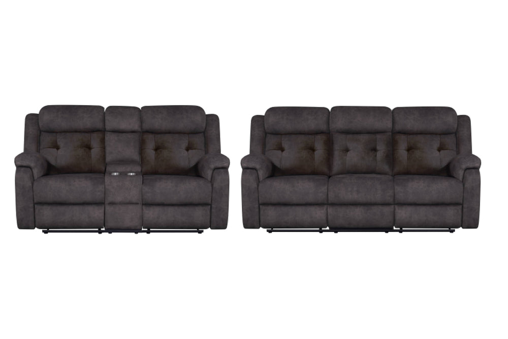 Sofás y loveseat reclinables tapizados en gris oscuro, mostrados uno al lado del otro sobre un fondo blanco liso.